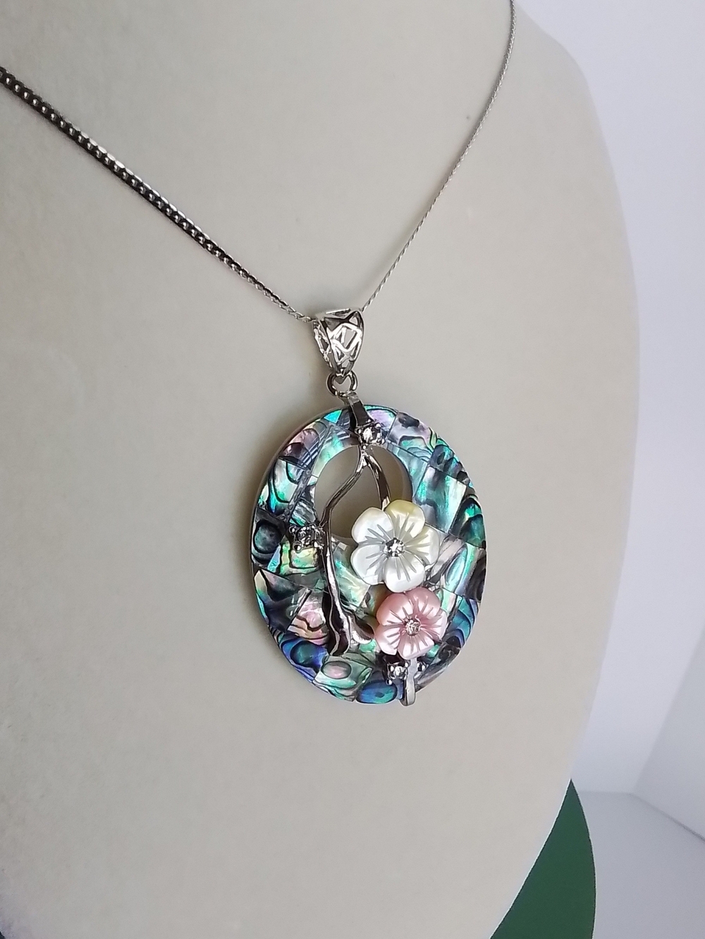 Abalone Shell Pendant Necklace with Pink & Cream Flower Accents